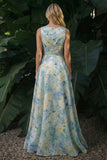 Light Green A Line Boat Neck Long Floral Dress