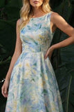 Light Green A Line Boat Neck Long Floral Dress