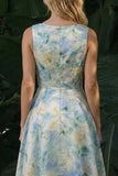 Light Green A Line Boat Neck Long Floral Dress