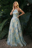 Halter A Line Light Green Backless Long Floral Dress