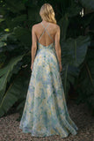 Halter A Line Light Green Backless Long Floral Dress