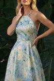 Halter A Line Light Green Backless Long Floral Dress