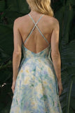 Halter A Line Light Green Backless Long Floral Dress