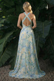 Light Green A Line Halter High-Low Printed Floral Dress