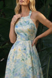 Light Green A Line Halter High-Low Printed Floral Dress