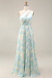Light Green One Shoulder A Line Cut Out Long Floral Dress with Slit