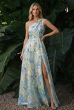 Light Green One Shoulder A Line Cut Out Long Floral Dress with Slit