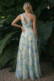 Light Green One Shoulder A Line Cut Out Long Floral Dress with Slit