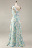 Light Green One Shoulder A Line Cut Out Long Floral Dress with Slit