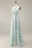 Light Green One Shoulder A Line Cut Out Long Floral Dress with Slit