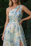 Light Green One Shoulder A Line Cut Out Long Floral Dress with Slit