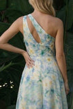 Light Green One Shoulder A Line Cut Out Long Floral Dress with Slit