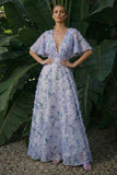 Light Purple A Line V-Neck Maxi Floral Dress