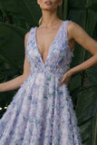 Light Purple Asymmetrical A Line V-Neck Floral Dress