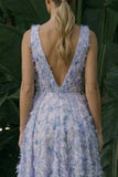 Light Purple Asymmetrical A Line V-Neck Floral Dress