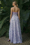 Strapless Light Purple Asymmetrical A Line Floral Dress