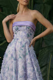 Strapless Light Purple Asymmetrical A Line Floral Dress