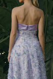 Strapless Light Purple Asymmetrical A Line Floral Dress