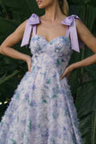 Light Purple Long A Line Appliqued Floral Dress with Bows