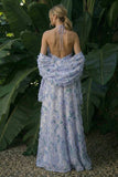 Halter Light Purple A Line Backless Long Floral Dress with Cape