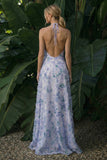 Halter Light Purple A Line Backless Long Floral Dress with Cape