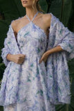 Halter Light Purple A Line Backless Long Floral Dress with Cape