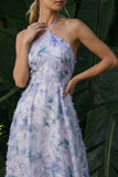 Halter Light Purple A Line Backless Long Floral Dress with Cape