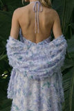 Halter Light Purple A Line Backless Long Floral Dress with Cape