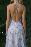 Halter Light Purple A Line Backless Long Floral Dress with Cape