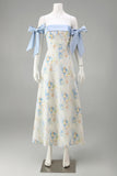 Light Blue Strapless A Line Long Floral Dress with Bows
