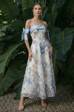 Light Blue Strapless A Line Long Floral Dress with Bows