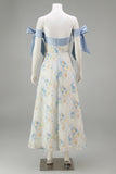 Light Blue Strapless A Line Long Floral Dress with Bows