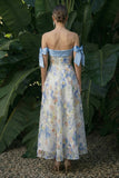 Light Blue Strapless A Line Long Floral Dress with Bows