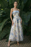 Light Blue Strapless A Line Long Floral Dress with Bows