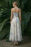 Light Blue Strapless A Line Long Floral Dress with Bows