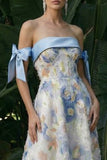 Light Blue Strapless A Line Long Floral Dress with Bows
