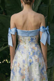 Light Blue Strapless A Line Long Floral Dress with Bows