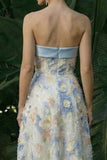 Light Blue Strapless A Line Long Floral Dress with Bows