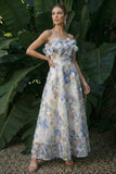 Light Blue A Line Ruffled Floral Long Formal Dress