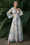 Light Blue A Line Long Sleeves V-Neck Maxi Floral Dress