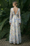 Light Blue A Line Long Sleeves V-Neck Maxi Floral Dress