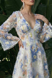 Light Blue A Line Long Sleeves V-Neck Maxi Floral Dress