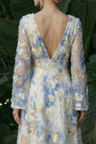 Light Blue A Line Long Sleeves V-Neck Maxi Floral Dress