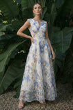 Light Blue Boat Neck Long A Line Floral Dress