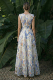 Light Blue Boat Neck Long A Line Floral Dress