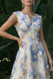 Light Blue Boat Neck Long A Line Floral Dress
