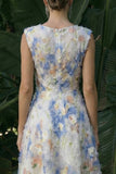 Light Blue Boat Neck Long A Line Floral Dress