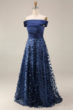 Off The Shoulder Navy Sequins A Line Long Mother of the Bride Dress