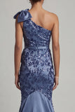 Navy One Shoulder Mermaid Sequin Long Mother of the Bride Dress with Bow