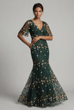 Dark Green Mermaid Embroidered Long Mother of the Bride Dress with Short Sleeves